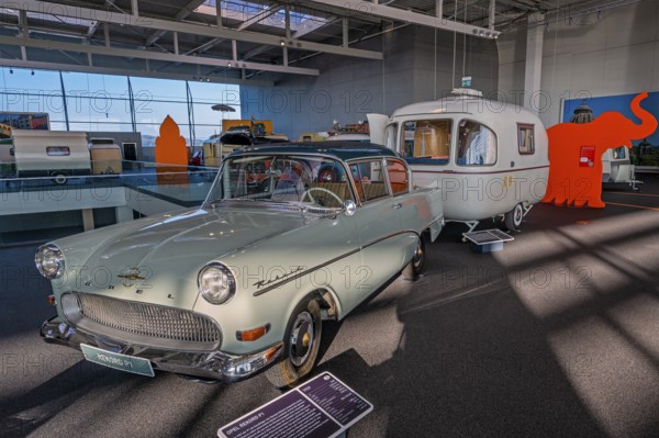 Opel Rekord P1 from 1959 with caravan, interior view, Erwin Hymer Museum, caravan, Bad forest lake, Upper Swabia, Baden-Württemberg, Germany