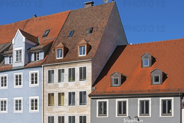 Pointed gable facades with tiled roofs and dormers, Kempten, Allgäu, Swabia, Bavaria, Germany