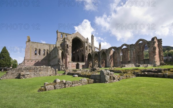 Ruins of the famous St Mary Abbey at Melrose village in, Scotland, United Kingdom