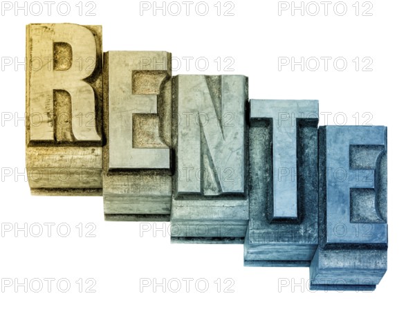 The word Rente, German for pension, Hot metal printing setting, old letters made of lead for letterpress printing, Lettern aus dem Buchdruck, Bleisatz