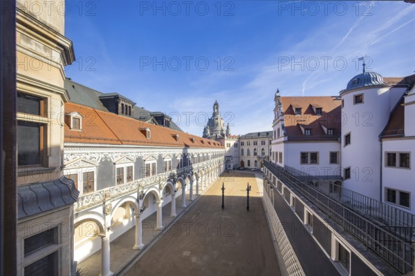 View from the small ballroom of the Residenschloss over the Stallhof to the Church of Our Lady, Dresden, Saxony, Germany