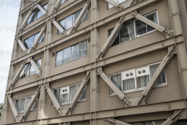 Building with visible steel reinforcement for earthquake resistance