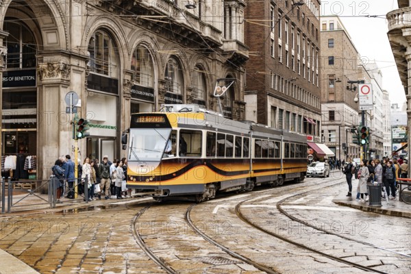 Tram stands at Piazza Duomo. Milan, Italy.