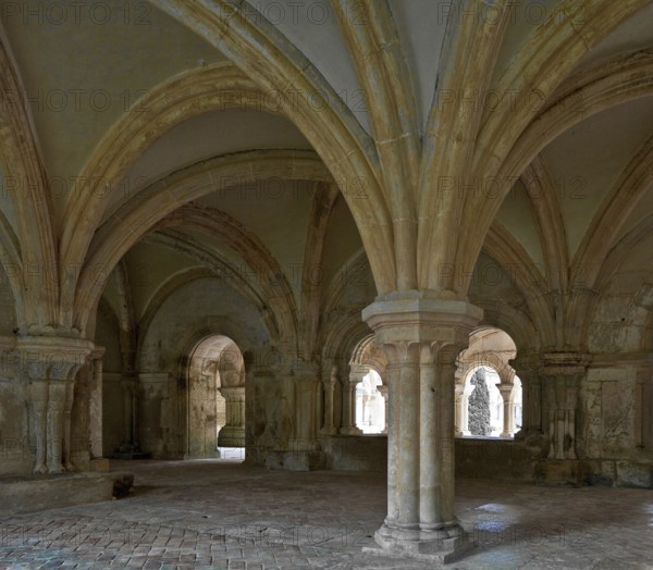 Fontenay former Cistercian monastery chapter house interior with view of the cloister, St., Saint, Saint