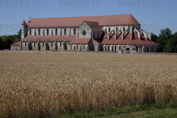 Pontigny Abbey Church Exterior view from the south Built 1145-1206. Largest preserved Cistercian church in France Total length 108 m, St., Saint, Saint