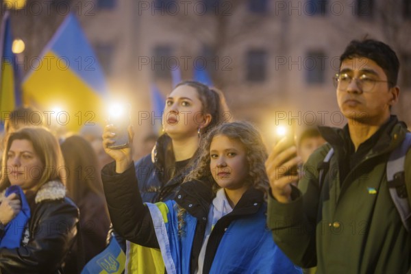 24 February marked the third anniversary of Russia's invasion of Ukraine. To mark the occasion, Ukrainian war refugees living in Dresden and their supporters demonstrated on the Neumarkt in front of the Church of Our Lady and then marched through the city centre, Dresden, Saxony, Germany