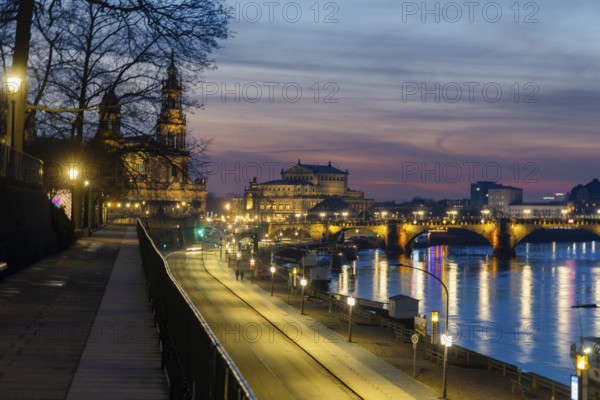 View from Brühl's Terrace of the Ständehaus, Court Church, Semper Opera House, Augustus Bridge and Elbe River in the evening, Dresden, Saxony, Germany