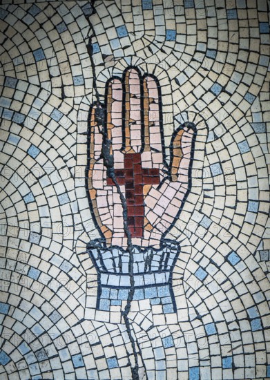 Ancient Mosaic Tiles Of Hand And Crucifix In Crossmyloof Glasgow, Scotland, Uk