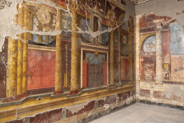 OPLONTIS, ITALY, MAY 03, 2022, Scenic frescos on the wall of famous Villa Oplontis, ancient Roman villa and world heritage sight, Southern Italy