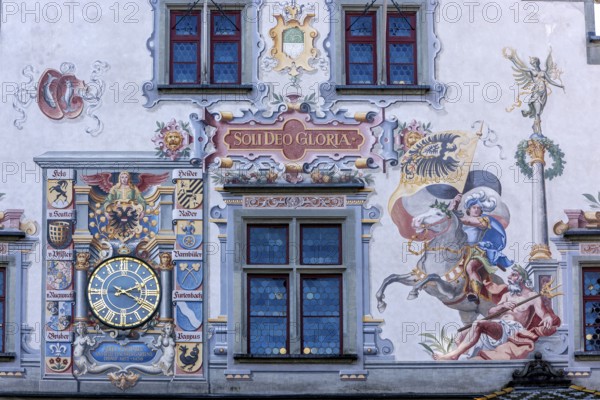 Detail of the Old Town Hall with decorative wall paintings in Gothic style, built in 1422 on Bismarkplatz in the old town centre, Lindau on Lake Constance, Bavaria, Germany
