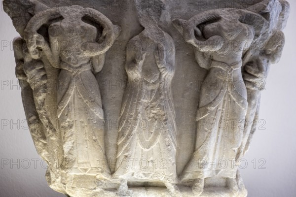 Capital, used as a ceremonial mortar, carved stone, 12th century, from the cathedral of San Pedro de Jaca, Diocesan Museum of Jaca, Huesca, Spain