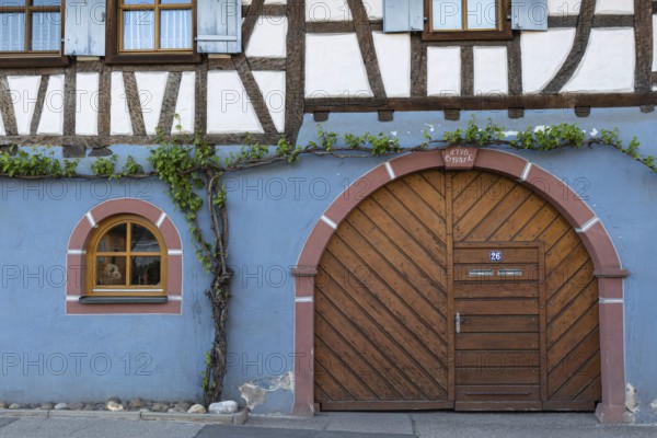 Traditional half-timbered house with wooden door and blue-painted façade, Eichstetten am Kaiserstuhl, Breisgau, Baden-Württemberg, Germany