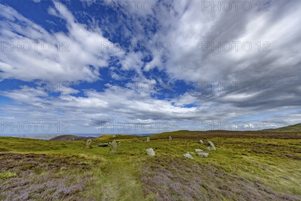 Druids Circle, stone circle in wide landscape with pastures in the mountains, Penmaenmawr, Dwygyfylchi, Caernarfonshire, Conwy County Borough, Wales, Great Britain