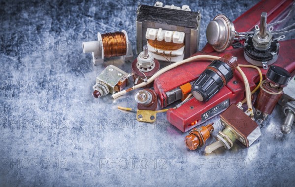 Set of electric devices top view image vintage electricity concept
