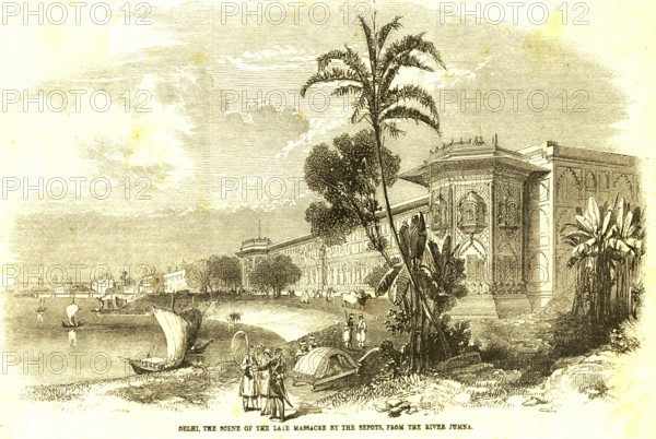 Military and munity mutiny views Delhi scene of late massacre by Sepoys soldiers from river Jumna Yamuna, India