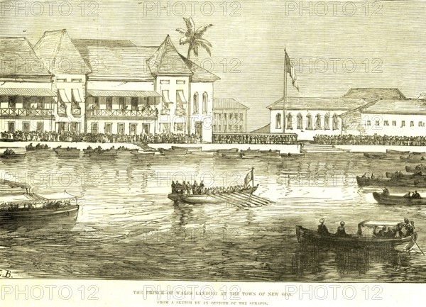 The Prince of Wales landing at the town of new Goa, India