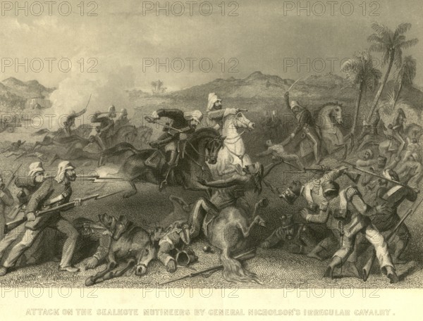 Military and munity mutiny views attack on Sealkote mutineers by general Nicholson's Irregular Cavalry, India