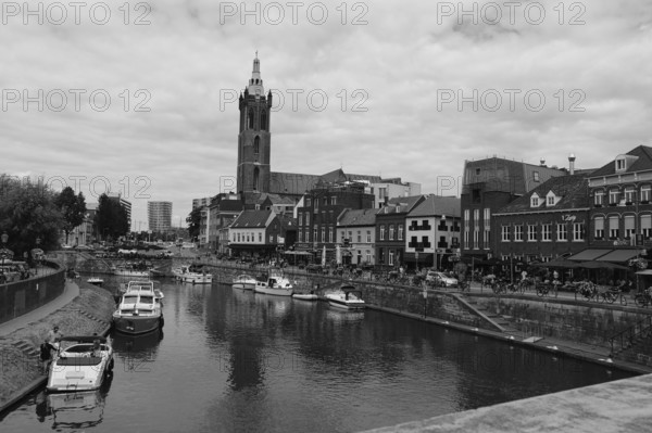 View of the city centre of Roermond from a bridge, black and white, Roermond, Province of Limburg, Netherlands