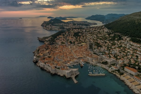 Aerial view of Dubrovnik after sunset, city in southern Croatia coast of Adriatic Sea