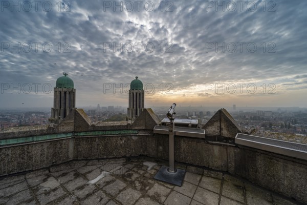 Koekelberg, Brussels Capital Region, Belgium, 10 23 2019 Panoramic view over Brussels on a foggy morning