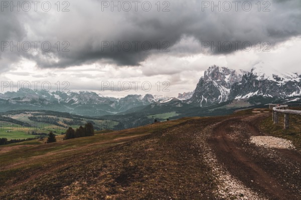 Panoramic view of the Langkofel Group from Seiser Alm in the Dolomites in South Tyrol, Italy