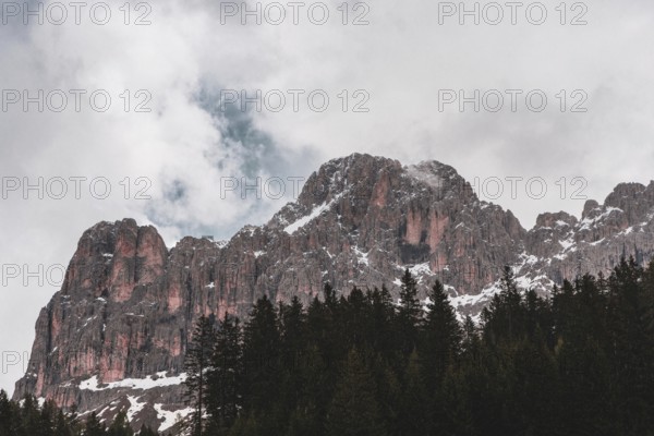 Panoramic view of the Rosengarten group mountain massif in the Dolomites in South Tyrol, Italy