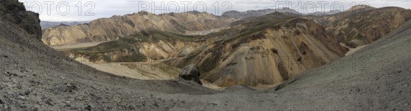 Rhyolite mountains, lava scree, panoramic view, Landmannalaugar, Fjallabak nature reserve, highlands, Iceland