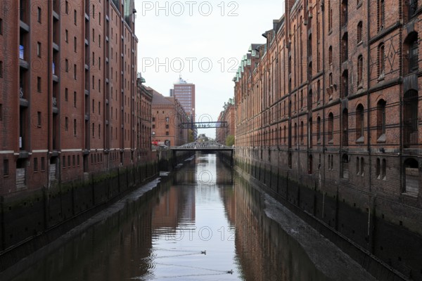 View of the Speicherstadt in Hamburg at low tide