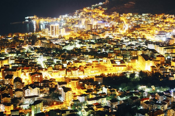 Night Budva, Montenegro. The new town, the view from the highest mountain