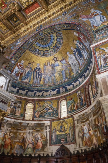 Apse, mosaic with the Coronation of the Virgin, 12th century, work of Pietro Cavallini, The Basilica of Santa Maria in Trastevere, Founded in the 3rd century by Pope Callistus I, Rome, Lazio, Italy