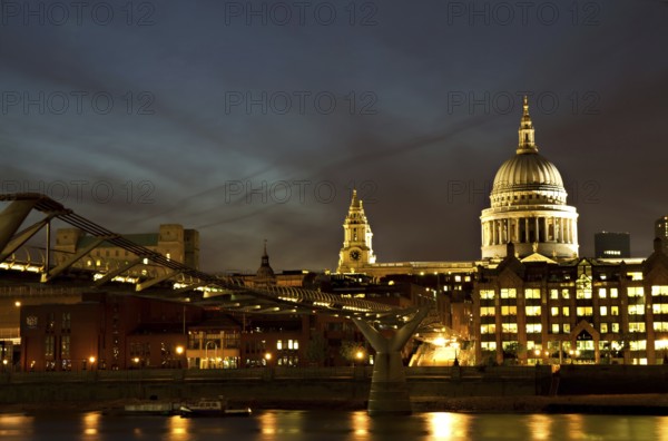 Cityscape of London at Night with St Paul's Cathedral and Millenium Bridge London, England, Great Britain