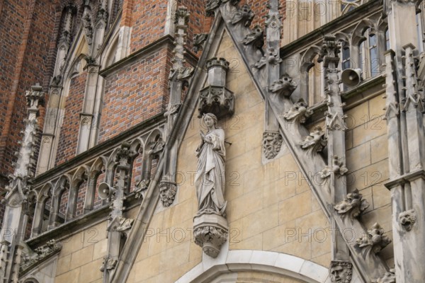 Wroclaw, Poland May 2023 Details of Wroclaw Cathedral in Tumski island. Historical capital of Silesia, Europe. City hall architecture buildings. Old town landmark cathedrals church. Travel tourist destination