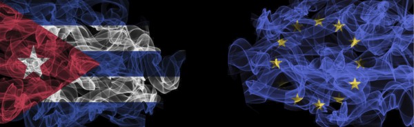 Flags of Cuba and EU on Black background, Cuba vs Europe Union Smoke Flags