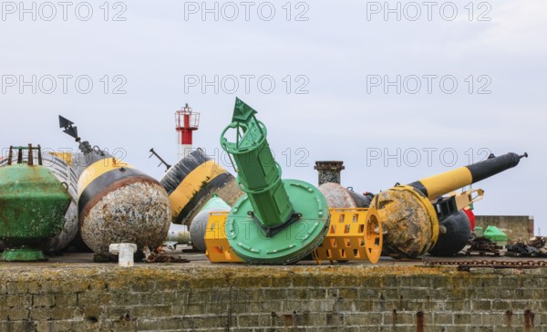 Buoys lying on the land, harbour Port de Brest, department Finistere Penn-ar-Bed, region Bretagne Breizh. France
