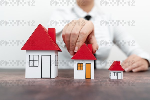 Upgrade Your House Represented By Lady In Outfit, Business Woman Presenting Plans For Home Change, Diffrent Apartment Plan Sizes Comparison, Multiple Selection Of Contracts