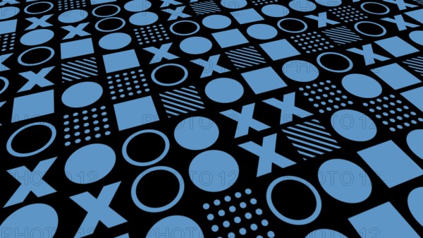 Repeating pattern of black and blue geometric shapes with circle, square and X abstract background