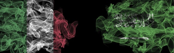 Flags of Italy and Saudi Arabia on Black background, Italy vs Saudi Arabia Smoke Flags
