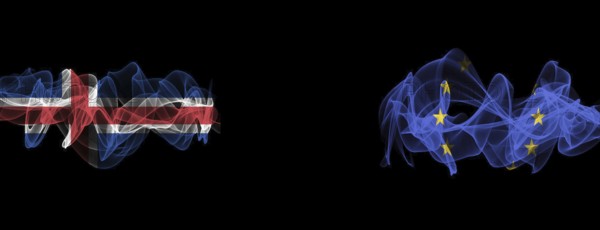 Flags of Iceland and the EU on a black background, Iceland vs. European Union Smoke Flags