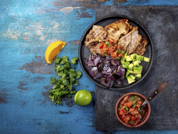 Food, Yucatan Mexican Food Pork POC CHUC poc chuck. Pork marinaded in orange juice served with avocado, purple onion and rustic tomato sauce