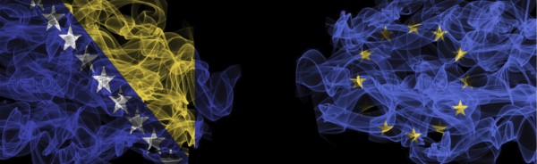 Flags of Bosnia and Herzegovina and the EU on a black background, Bosnia and Herzegovina vs. the European Union Smoke Flags