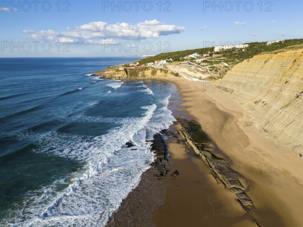 Magoito Beach on Sunny Day during Low Tide. Atlantic Ocean, Portugal. Aerial View