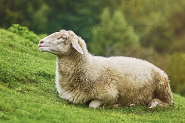 White Sheep Resting on the Slope of a Hill Obermaiselstein, Germany