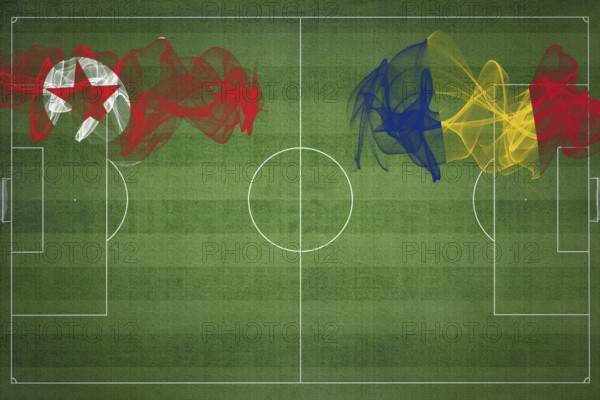 North Korea vs Romania Soccer Match, national colors, national flags, soccer field, football game, Competition concept, Copy space