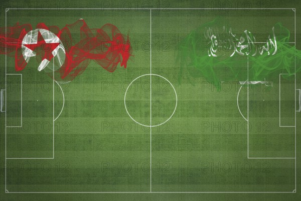 North Korea vs Saudi Arabia Soccer Match, national colors, national flags, soccer field, football game, Competition concept, Copy space