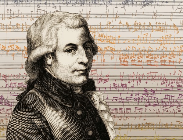 Wolfgang Amadeus Mozart, 1756 – 1791, composer of classical music, First Viennese School, notesheet from Allegro and Andante, Fantasy in F minor for mechanical organ, KV 608, 1791, digitally edited