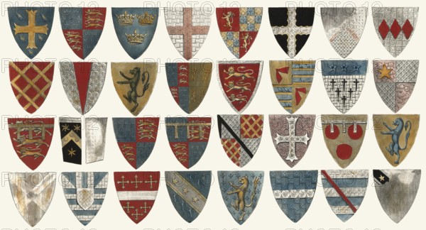 Armorial Bearings, coats of arms from St Stephen's Chapel, old Palace of Westminster, London, England, United Kingdom