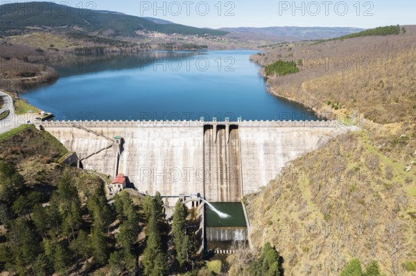 Aerial view of a dam and hydroelectric power plant in La Rioja, Spain.