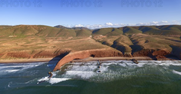 Aerial view on Legzira beach with arched rocks on the Atlantic coast in Morocco