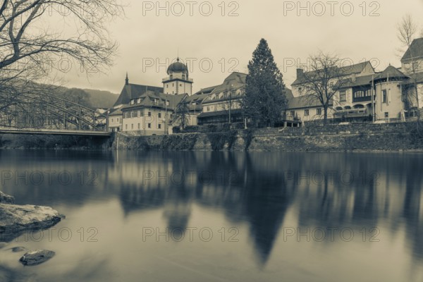 Schwammerlturm, old town centre on the river Mur, long exposure, Leoben, Styria, Austria