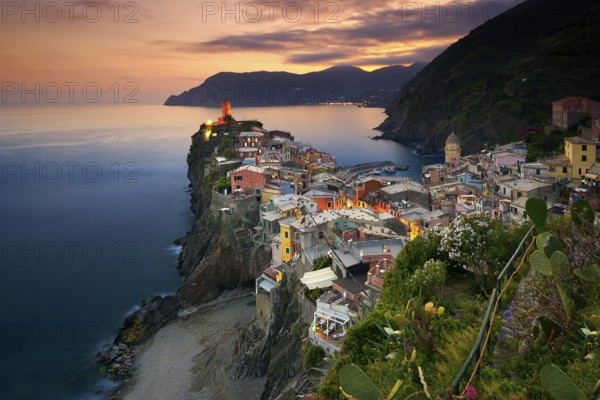 View of Vernazza at sunset in Cinque Terre, Italy